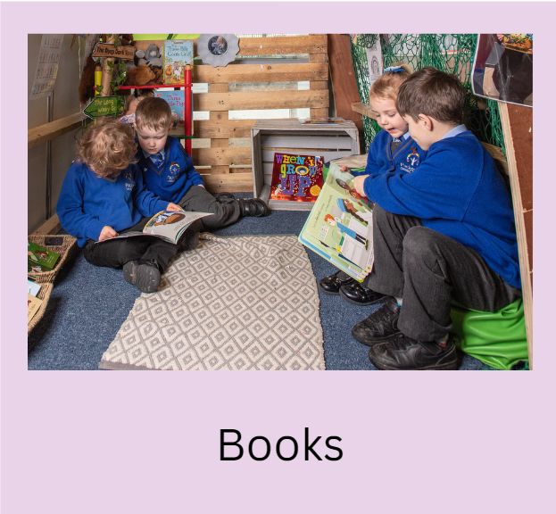 Image text: "Books". Picture of four unidentifiable young children reading books together in pairs. Image links to a page of books for children around gender stereotypes.
