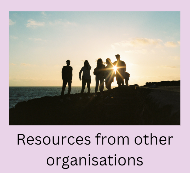 Image text: "Resources from other organisations". Picture shows a group of five adults standing on a hill watching the sunset. The adults have their backs to the camera, facing the sun, and the shadow allows the camera to only see their silhouettes, with the sunlight shining through between them. Image links to a page of resources around gender stereotypes provided by other organisations.